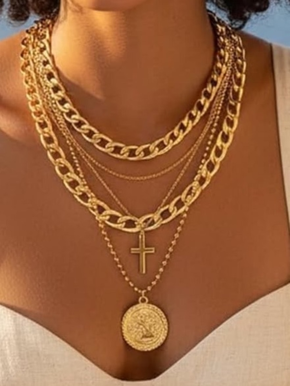 Anthropologie Gold-Tone Layered Necklace Set with Cross & Coin - Picture 4 of 4